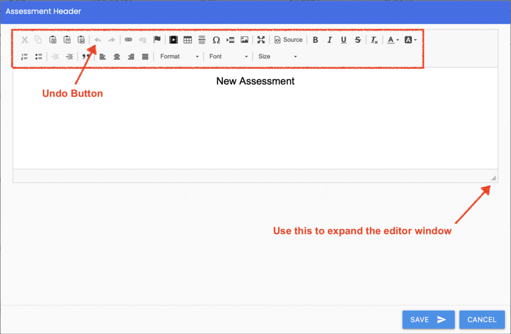Assessment header editor window