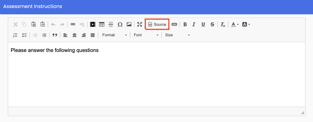 Agolix assessment instructions editor with the Source button highlighted in the toolbar.