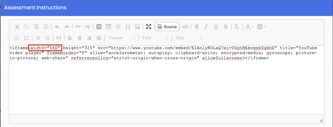 Agolix editor in Source mode showing pasted YouTube embed code, with the width value highlighted.