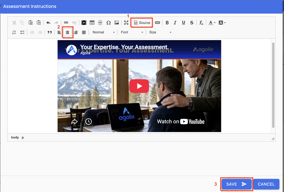 Agolix editor with the embedded video rendered, and numbered marks on the Source button, the center-align button, and Save.