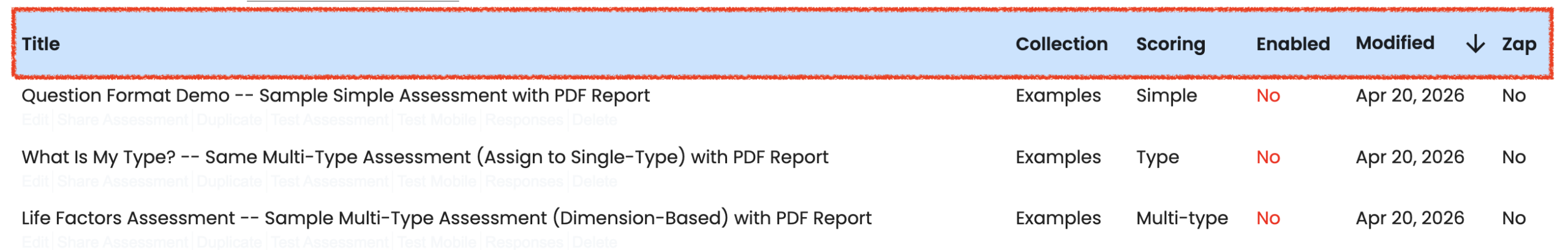 Assessment Dashboard Column Headings