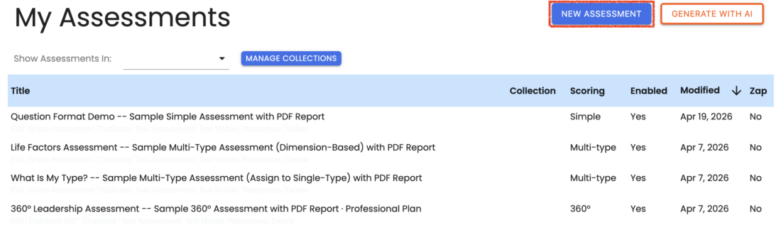 Assessment dashboard with collections