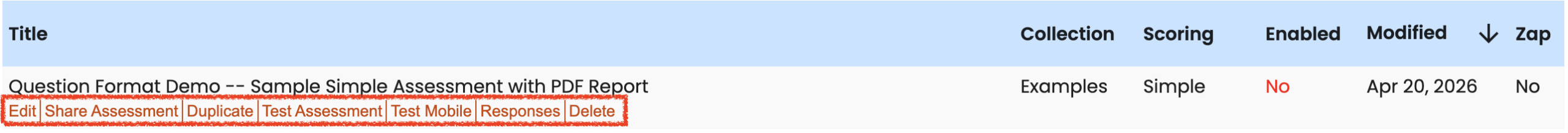 Assessment Menu Options