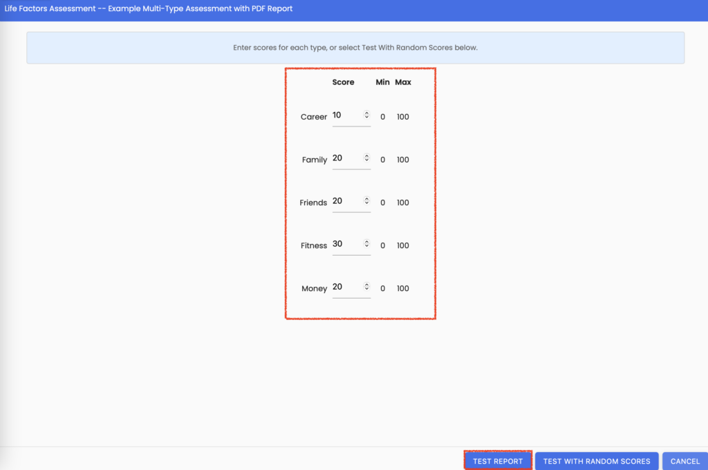 Preview Report/Test Report with scores for Types