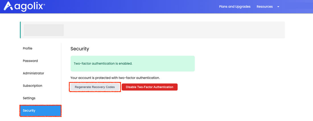 Agolix Two-Factor Authentication Settings