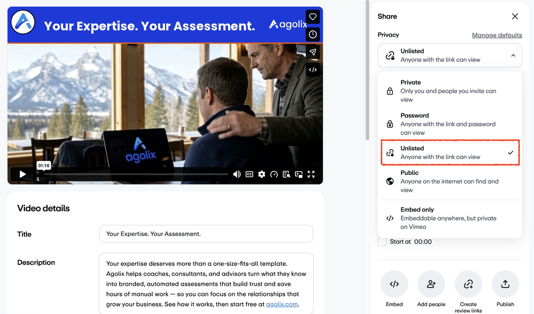 Vimeo Share panel with the privacy list open: Private, Password, Unlisted, Public, and Embed only; Unlisted is selected.