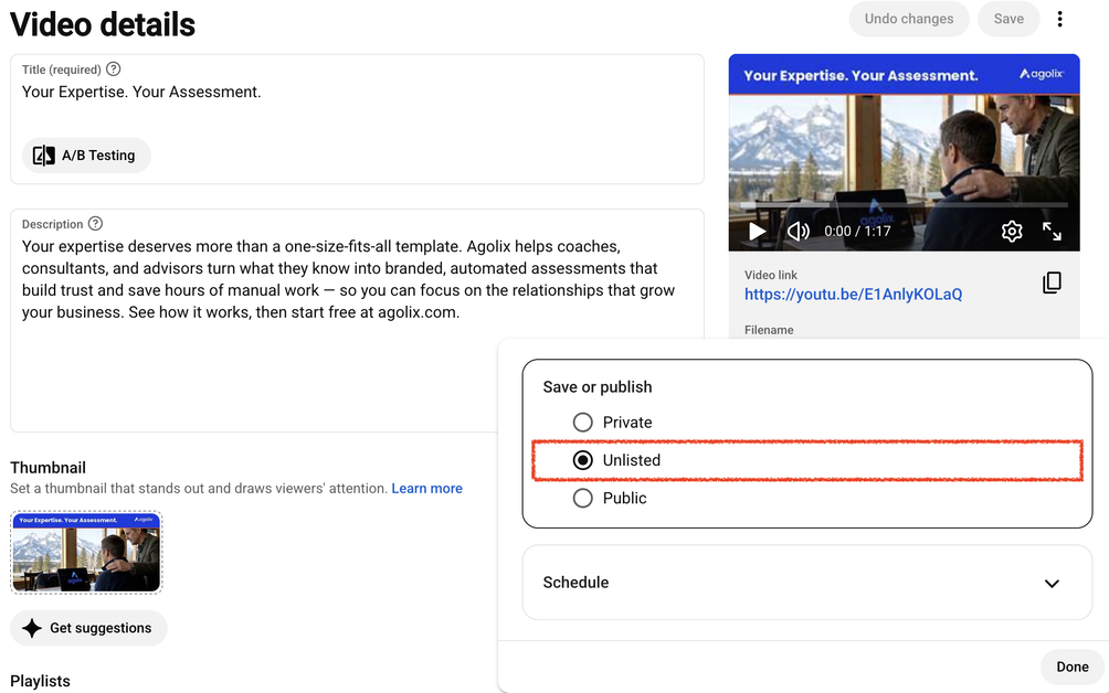 YouTube Studio Visibility panel with Private, Unlisted, and Public options; Unlisted is selected.