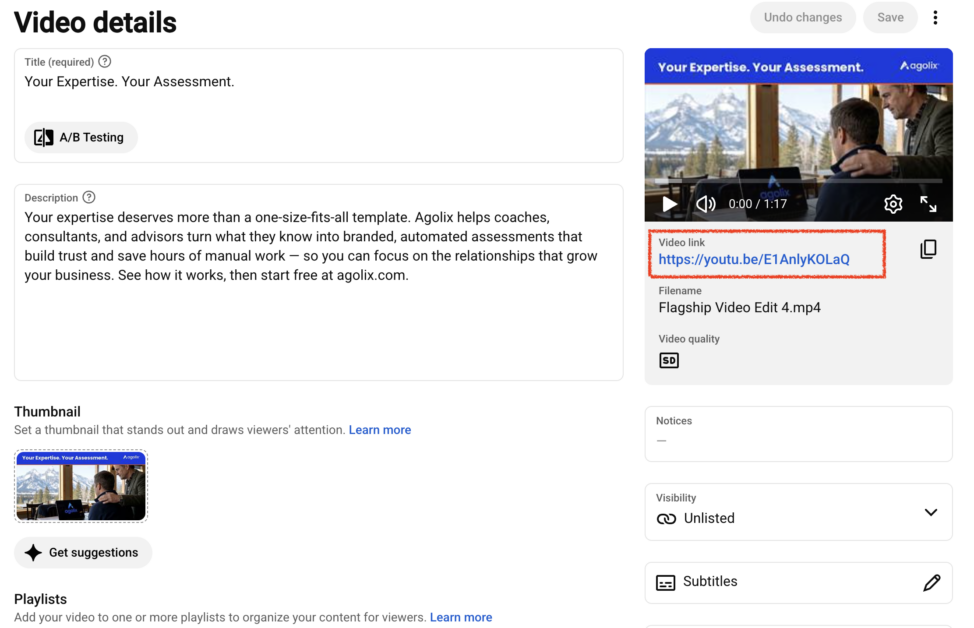 YouTube Studio video details with the Video link highlighted, which opens the video's public page.