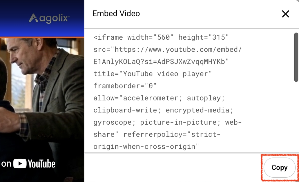 YouTube Embed Video panel showing the iframe embed code, with the Copy button below it.