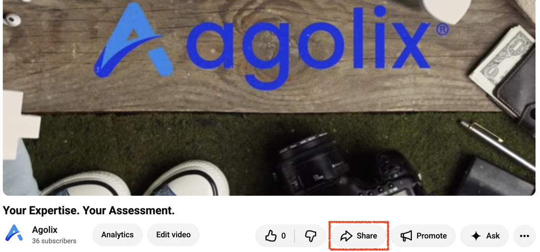 YouTube video page with the Share button highlighted below the video.