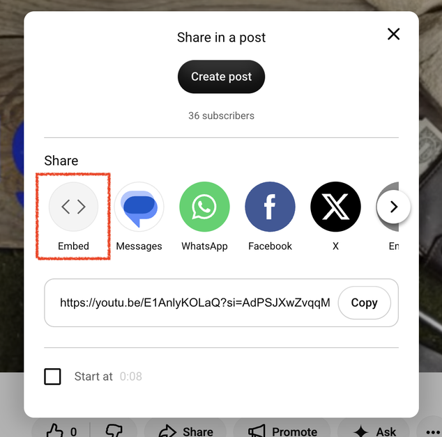 YouTube share window with Embed as the first option, alongside Messages, WhatsApp, Facebook, and X.