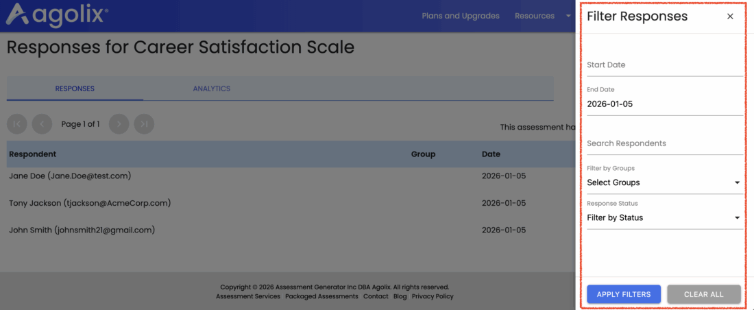 Responses filter dialog