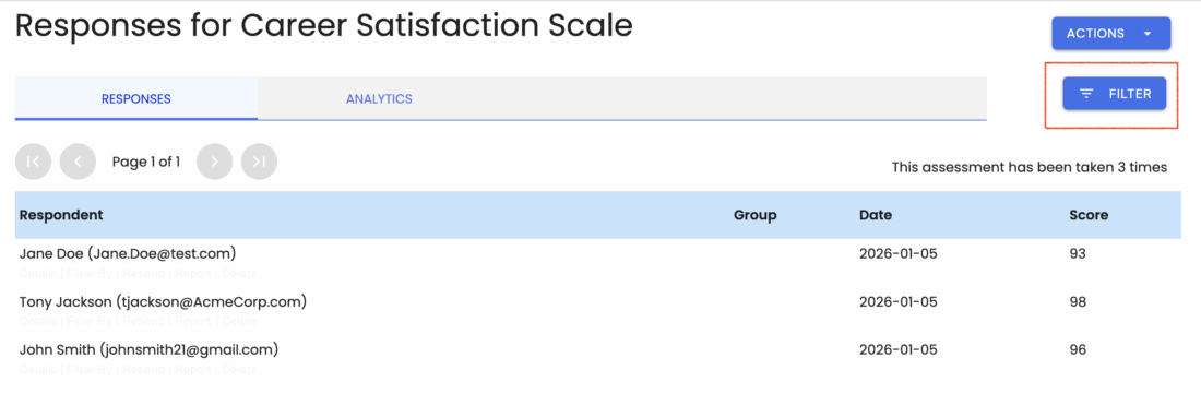 Responses page with Filter button