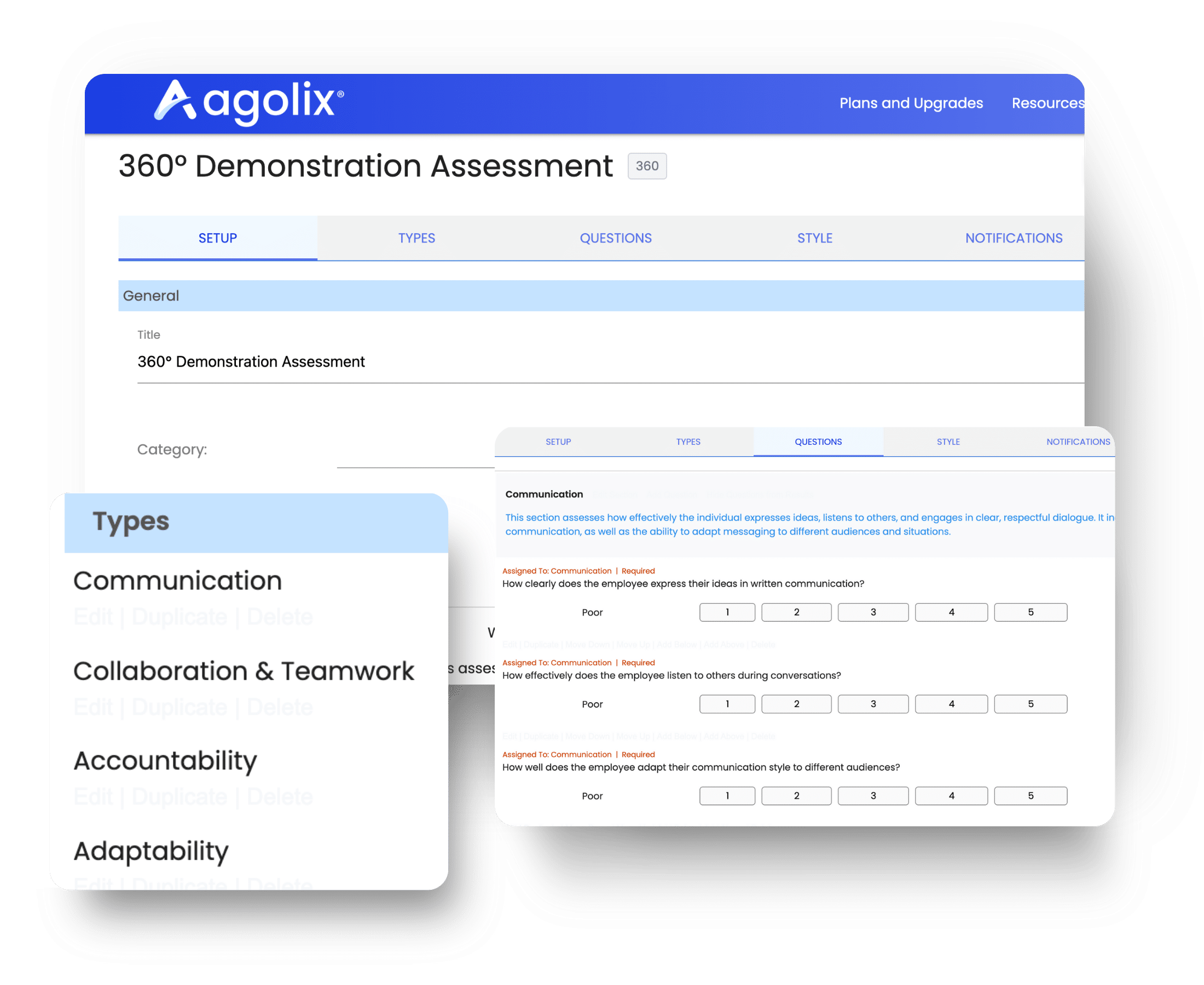 Screenshots of how to use the Agolix 360 Degree Assessment Software