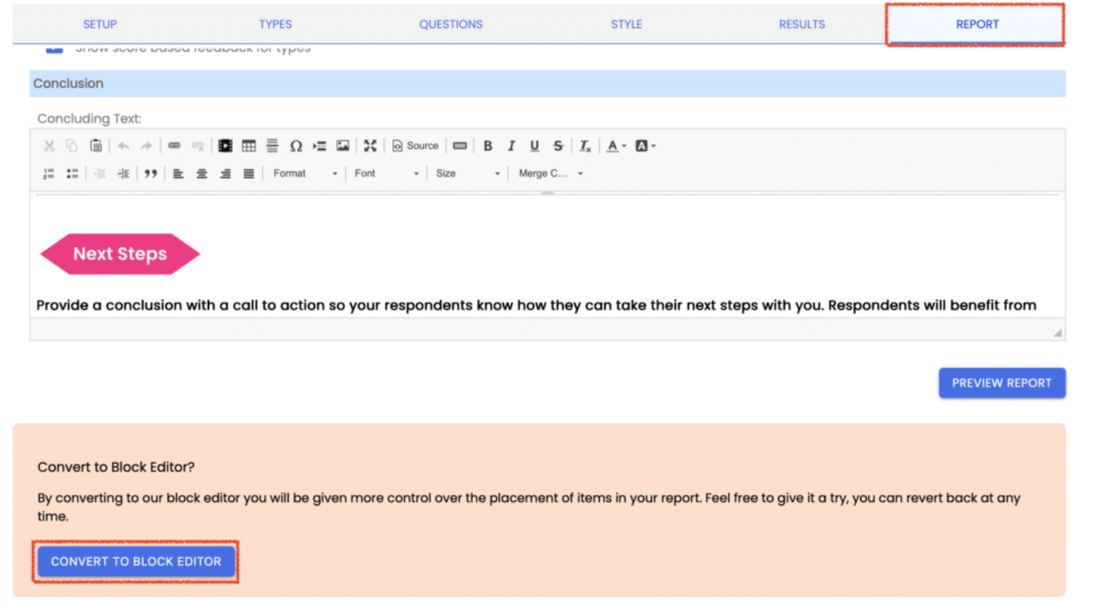 Screenshot of how to generate a report in Agolix assessment generator.